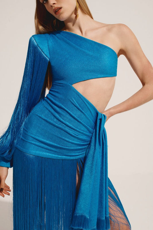 VESTIDO LONGO MANGA FRANJAS MALHA LUXOR SPY AZUL