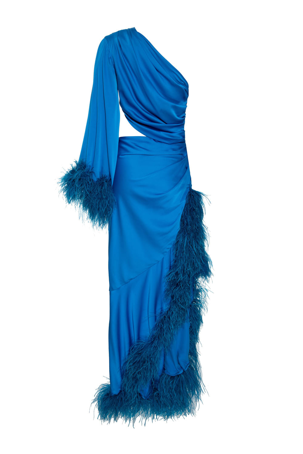 VESTIDO LONGO MANGA ÚNICA CETIM ELOISE AZUL