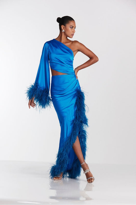 VESTIDO LONGO MANGA ÚNICA CETIM ELOISE AZUL