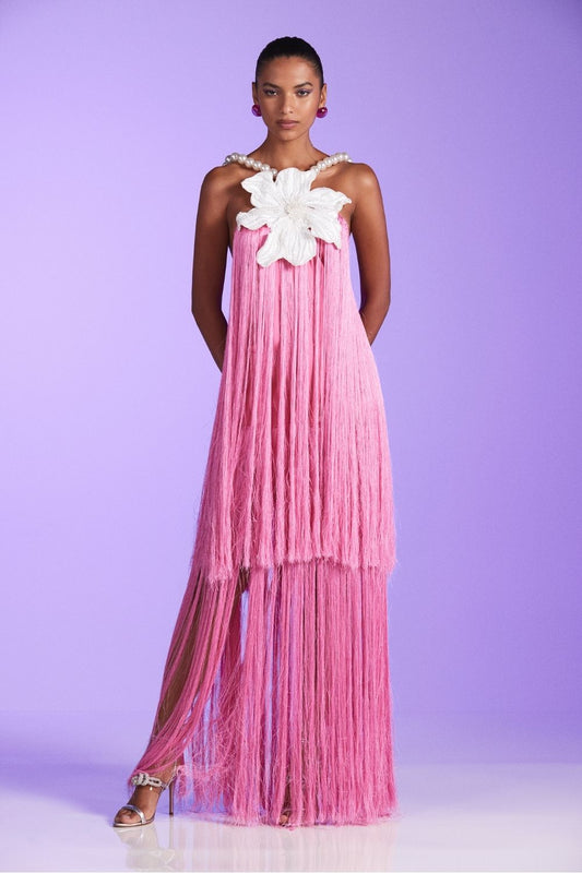 VESTIDO LONGO FRANJAS CETIM ELOISE ROSA