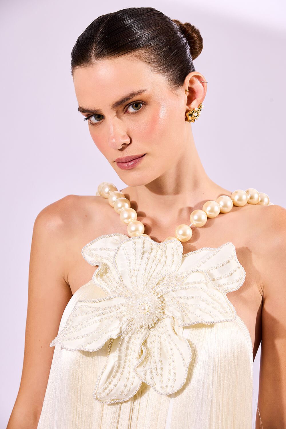 VESTIDO LONGO FRANJAS CETIM ELOISE OFF WHITE