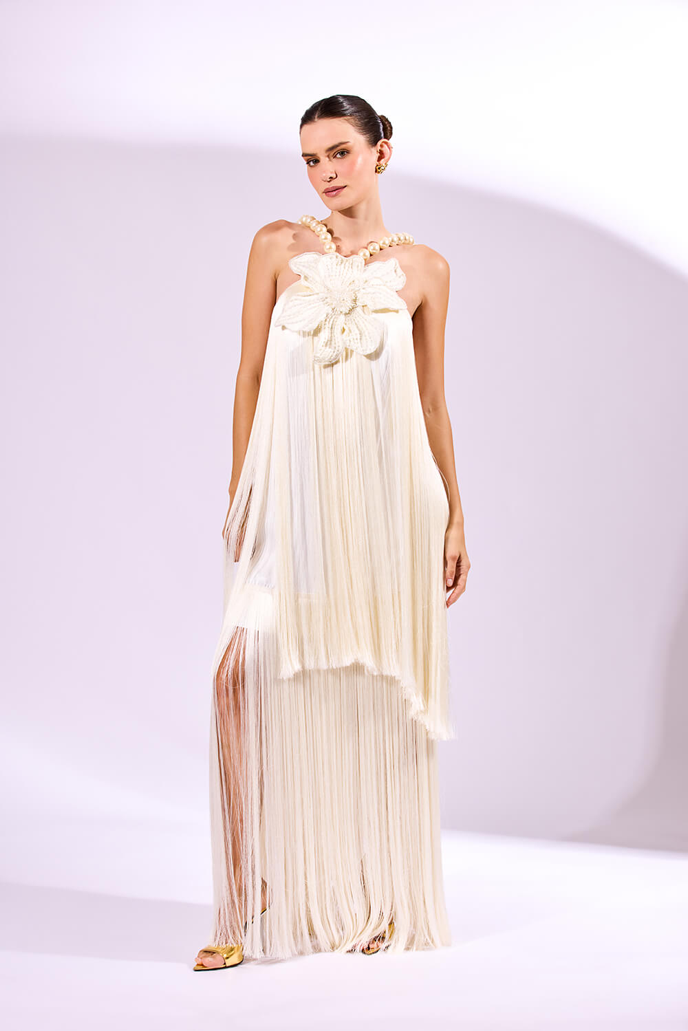 VESTIDO LONGO FRANJAS CETIM ELOISE OFF WHITE