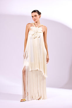 VESTIDO LONGO FRANJAS CETIM ELOISE OFF WHITE