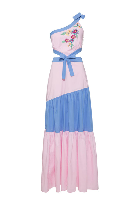 Vestido longo ombro Ãºnico bordado tricoline spencer azul e rosa