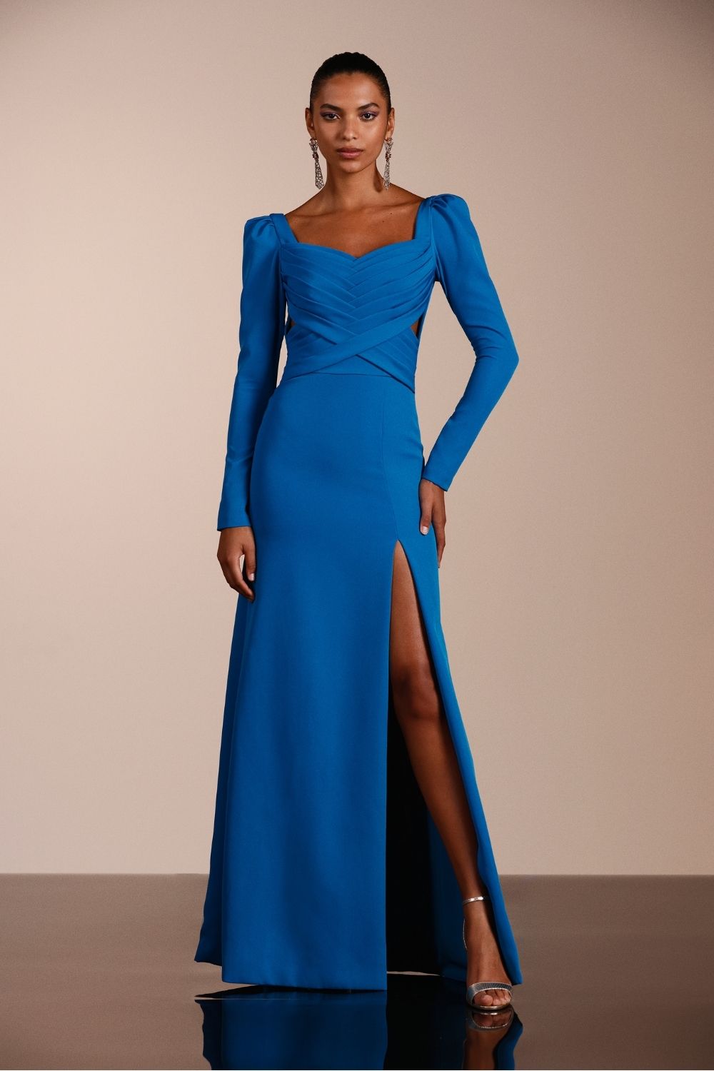 VESTIDO LONGO MANGAS CREPE EDIE AZUL