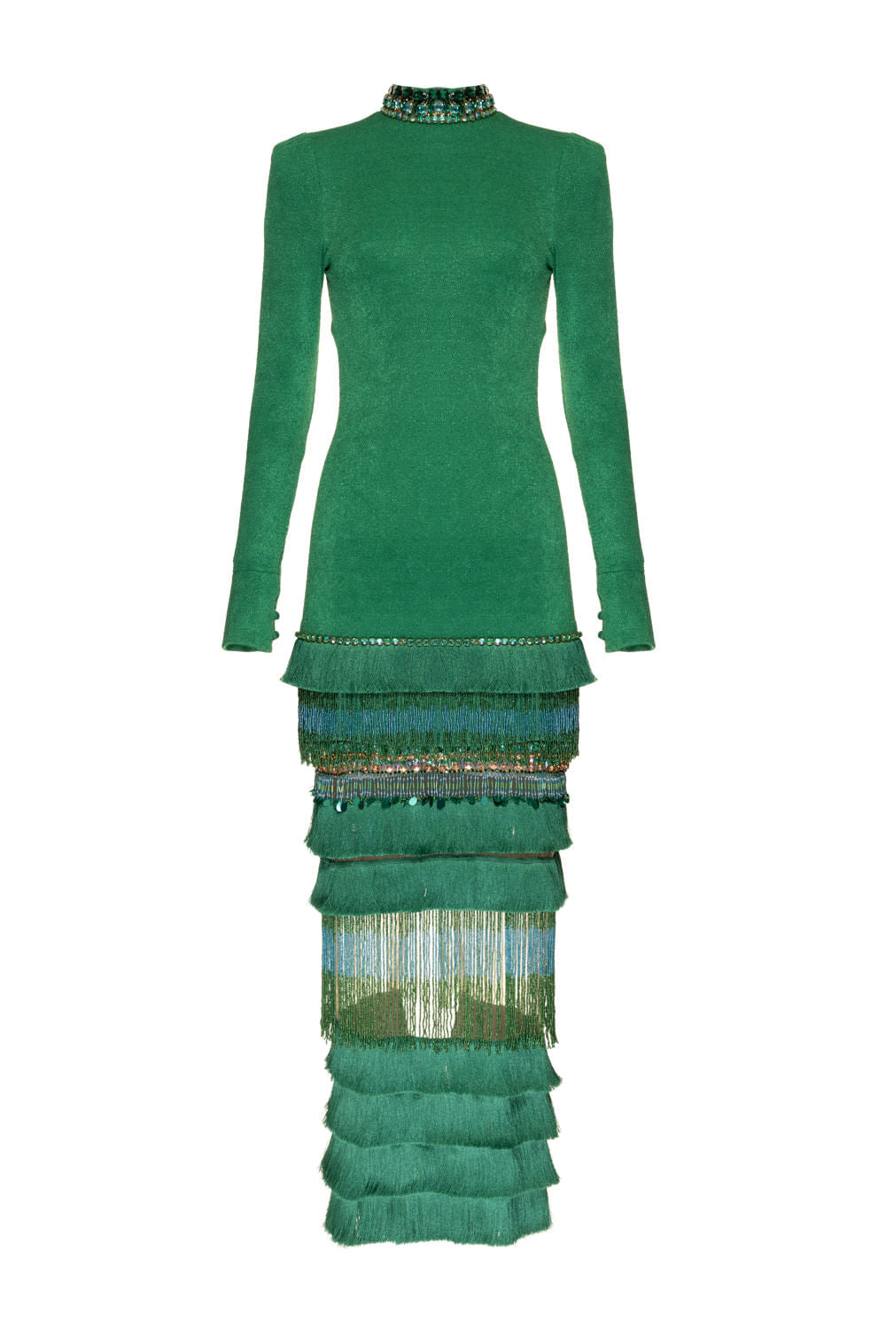 VESTIDO LONGO GOLA ALTA FRANJAS VERDE