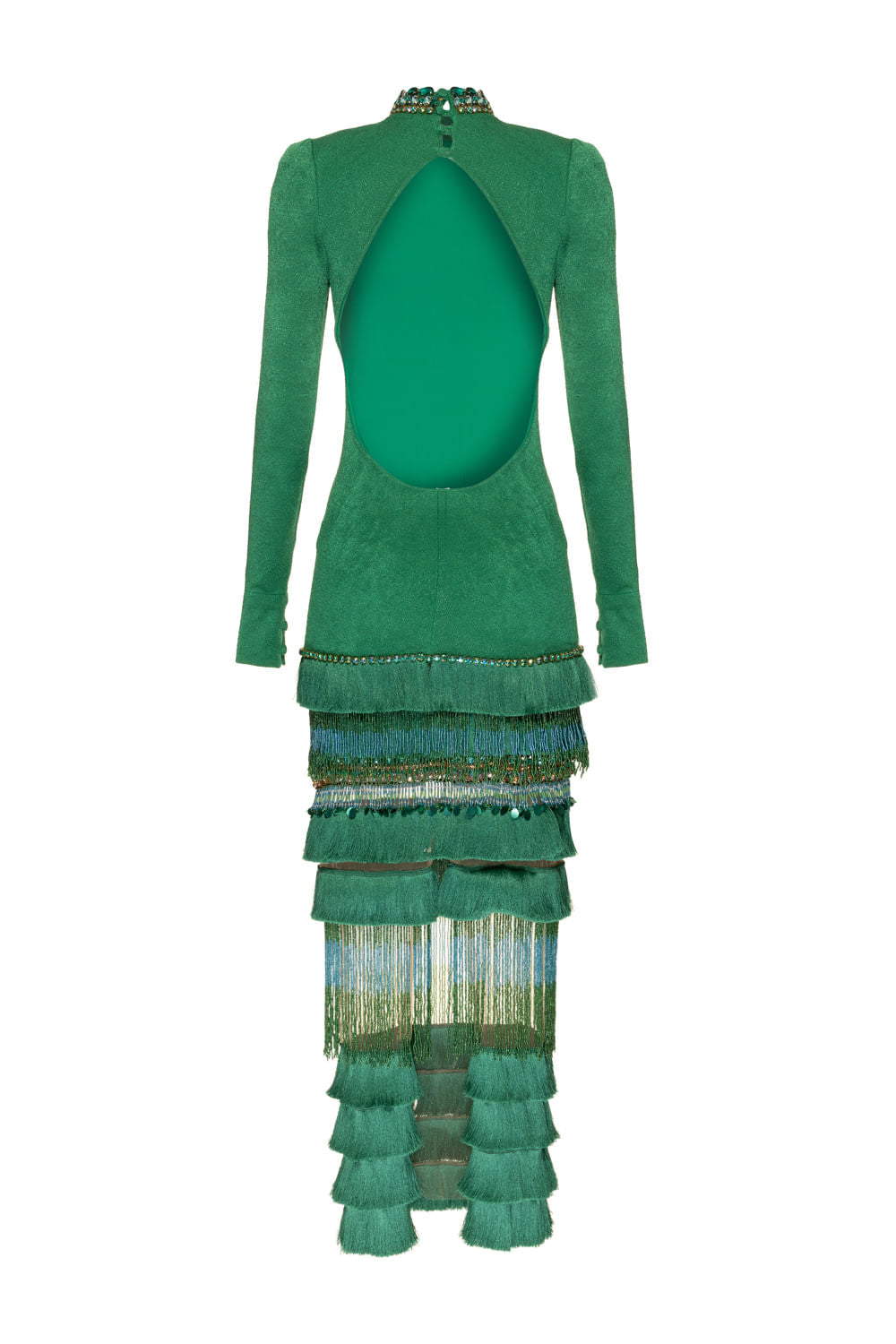 VESTIDO LONGO GOLA ALTA FRANJAS VERDE