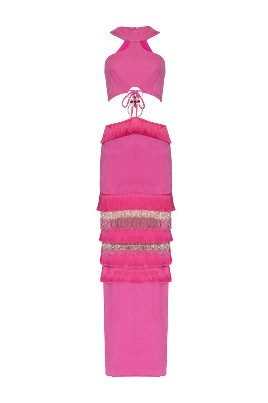 VESTIDO LONGO FRANJAS RECORTES WILD FRINGES PINK