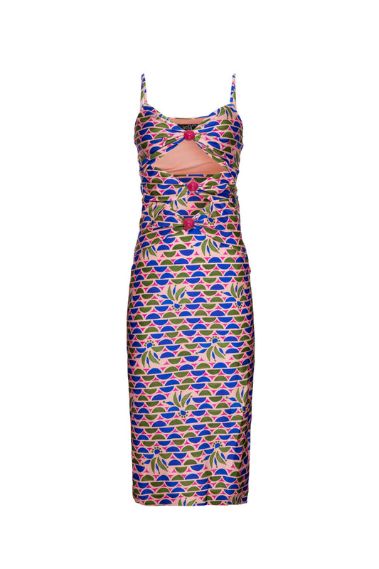 VESTIDO MÍDI RECORTE GEOMÉTRICO PUNA ROSA
