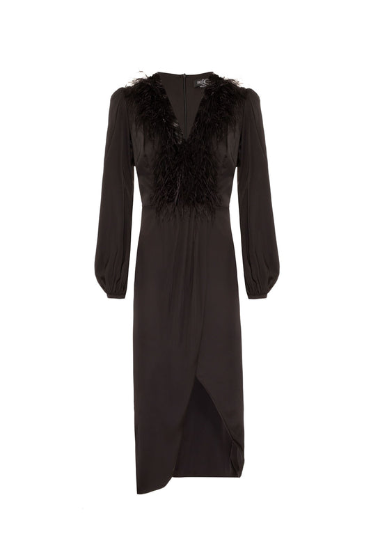 VESTIDO MÍDI PLUMAS CETIM EUPHORIA PRETO