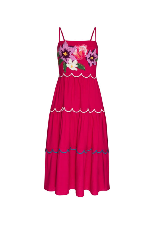 Vestido mídi bordado linho nilo matron rosa