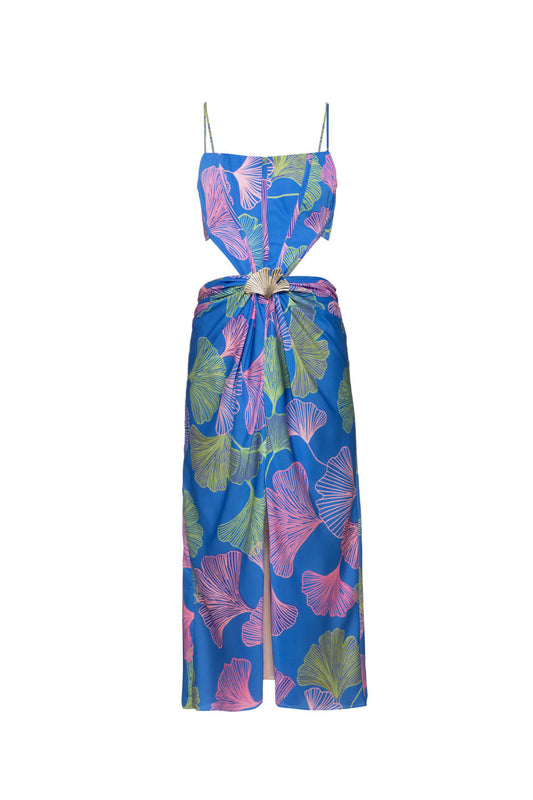 VESTIDO MÍDI FIVELA CETIM MEMORY LEAVES AZUL