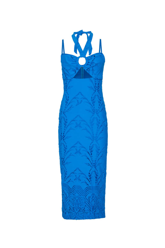 VESTIDO MÍDI RECORTES TELA RICHELIEU FELICITÁ AZUL