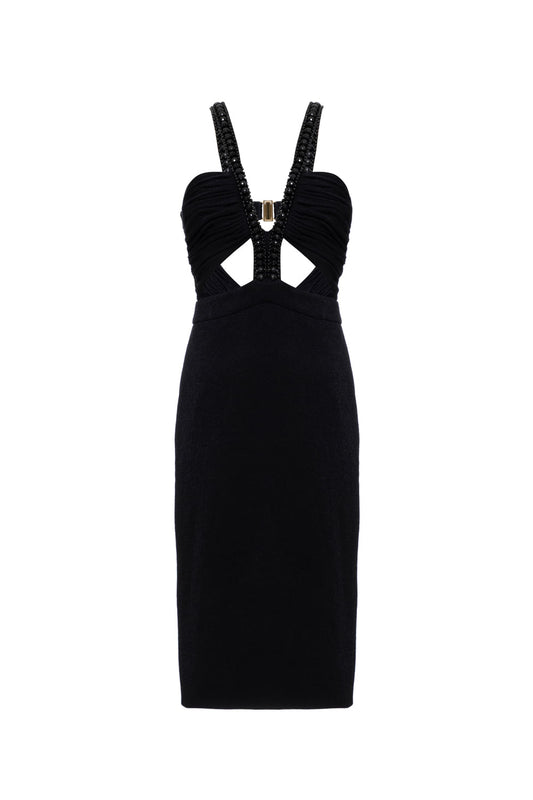 Vestido mÃ­di bordado malha luxor spy preto