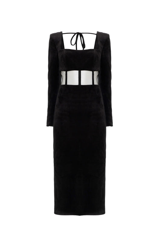 VESTIDO MÍDI RECORTES TULE VELUDO BABYLON PRETO