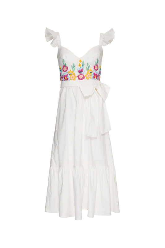Vestido mídi laço bordado tricoline spencer off white