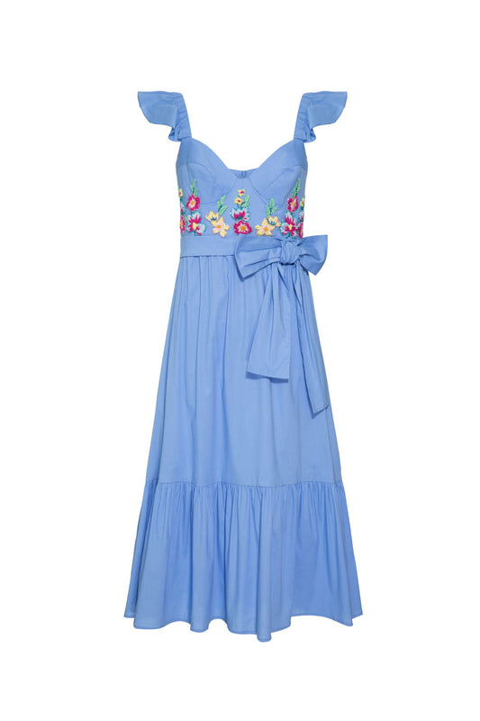 Vestido mídi laço bordado tricoline spencer azul
