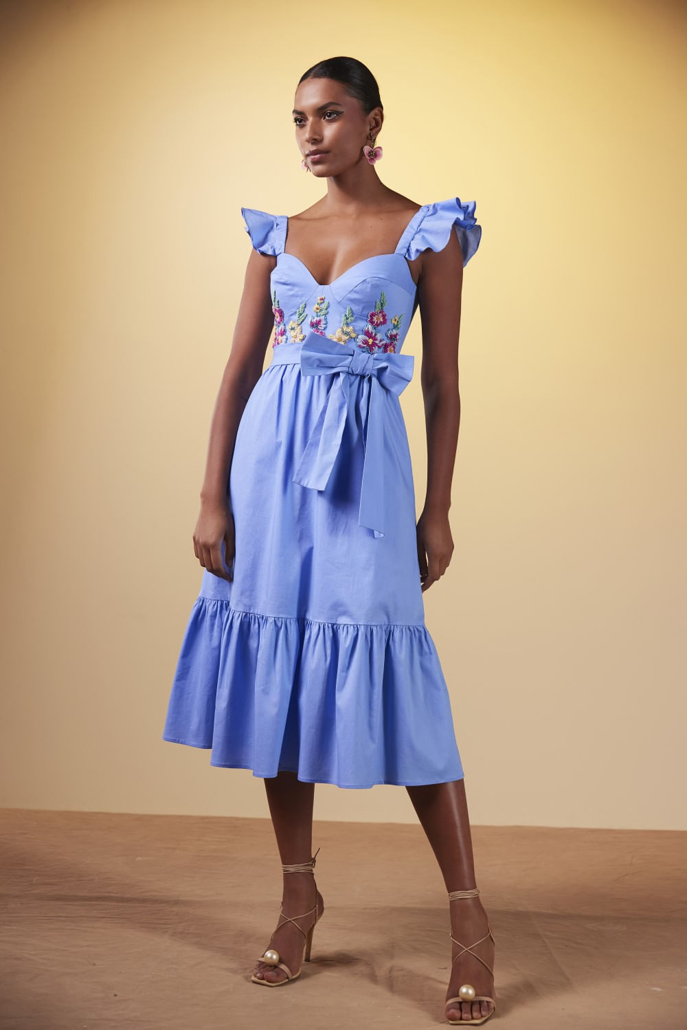 VESTIDO MÍDI LAÇO BORDADO TRICOLINE SPENCER AZUL