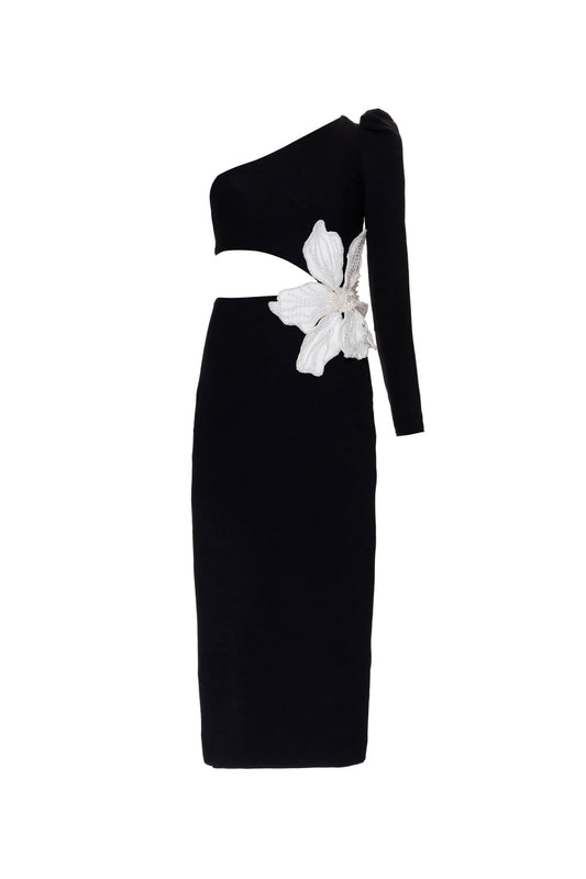 VESTIDO MÍDI FLOR MALHA LUXOR PRETO