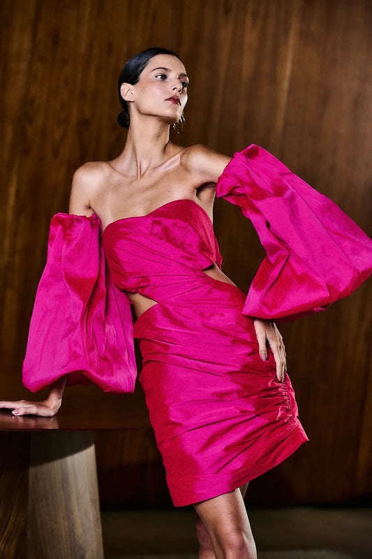 Vestido curto tafetÃ¡ intense pink