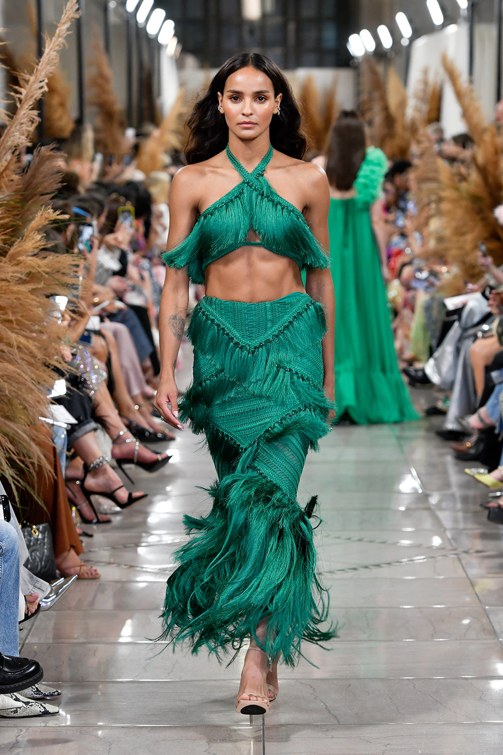 Saia longa vibrant fringe verde