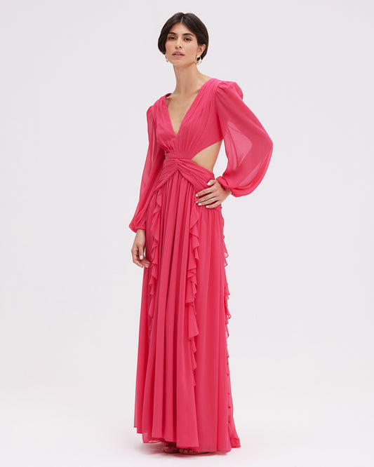 VESTIDO LONGO FRANZIDO CHIFFON TURNER ROSA