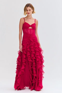 VESTIDO LONGO CHIFFON WONDERLAND VERMELHO ESCURO