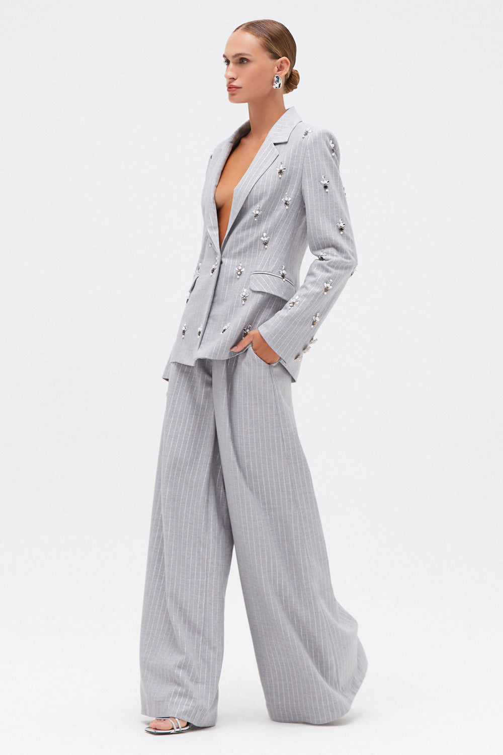 CALÇA METALLIC PINSTRIPE CINZA
