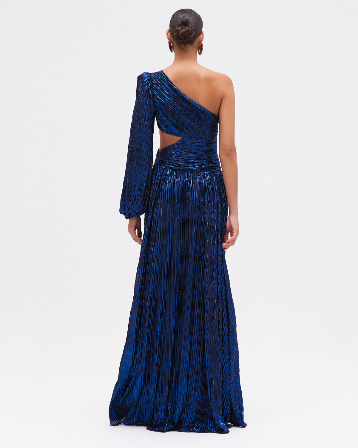 VESTIDO LONGO METALIC PLISSE AZUL ESCURO