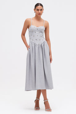 VESTIDO MIDI METALLIC PINSTRIPE CINZA