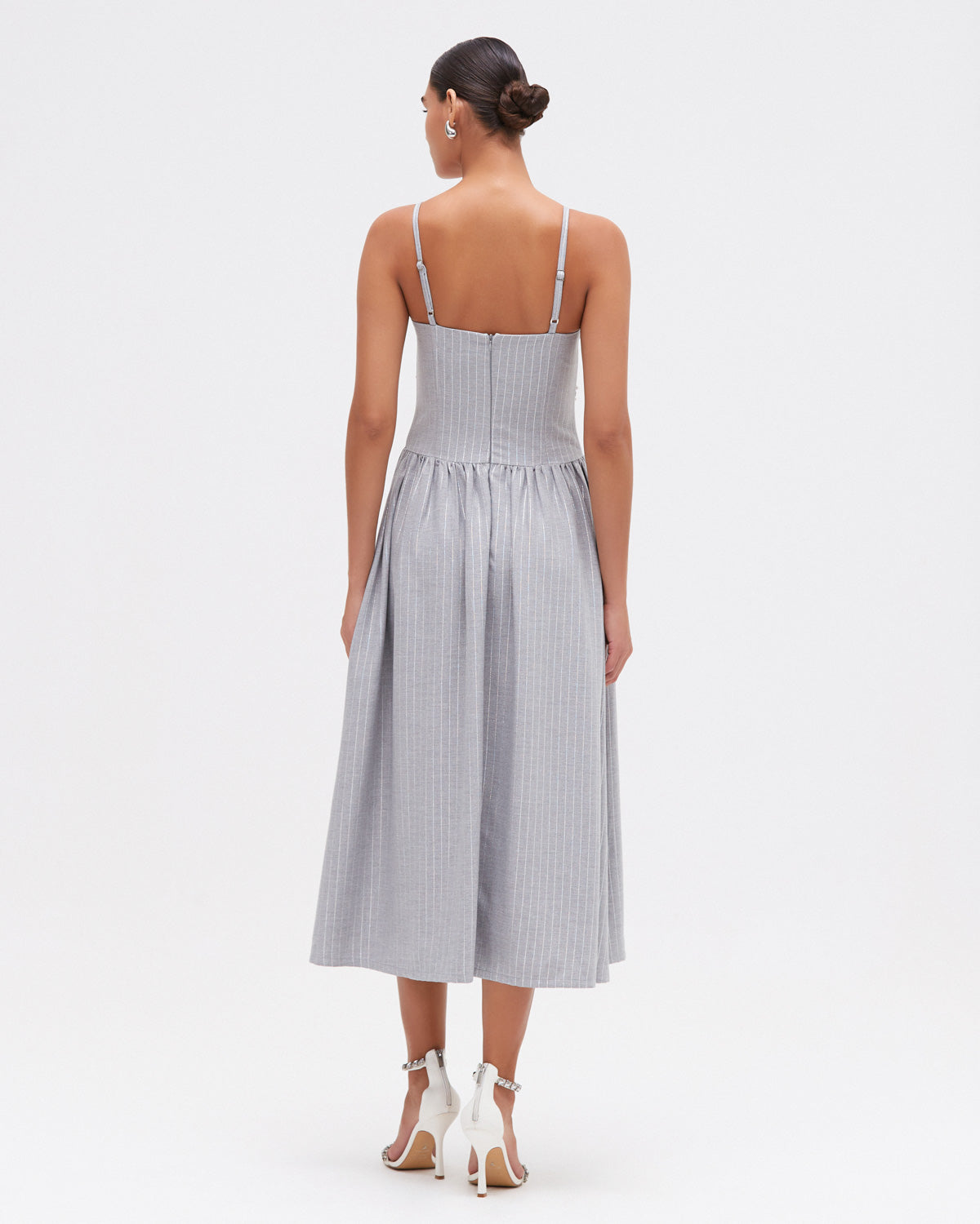 VESTIDO MIDI METALLIC PINSTRIPE CINZA
