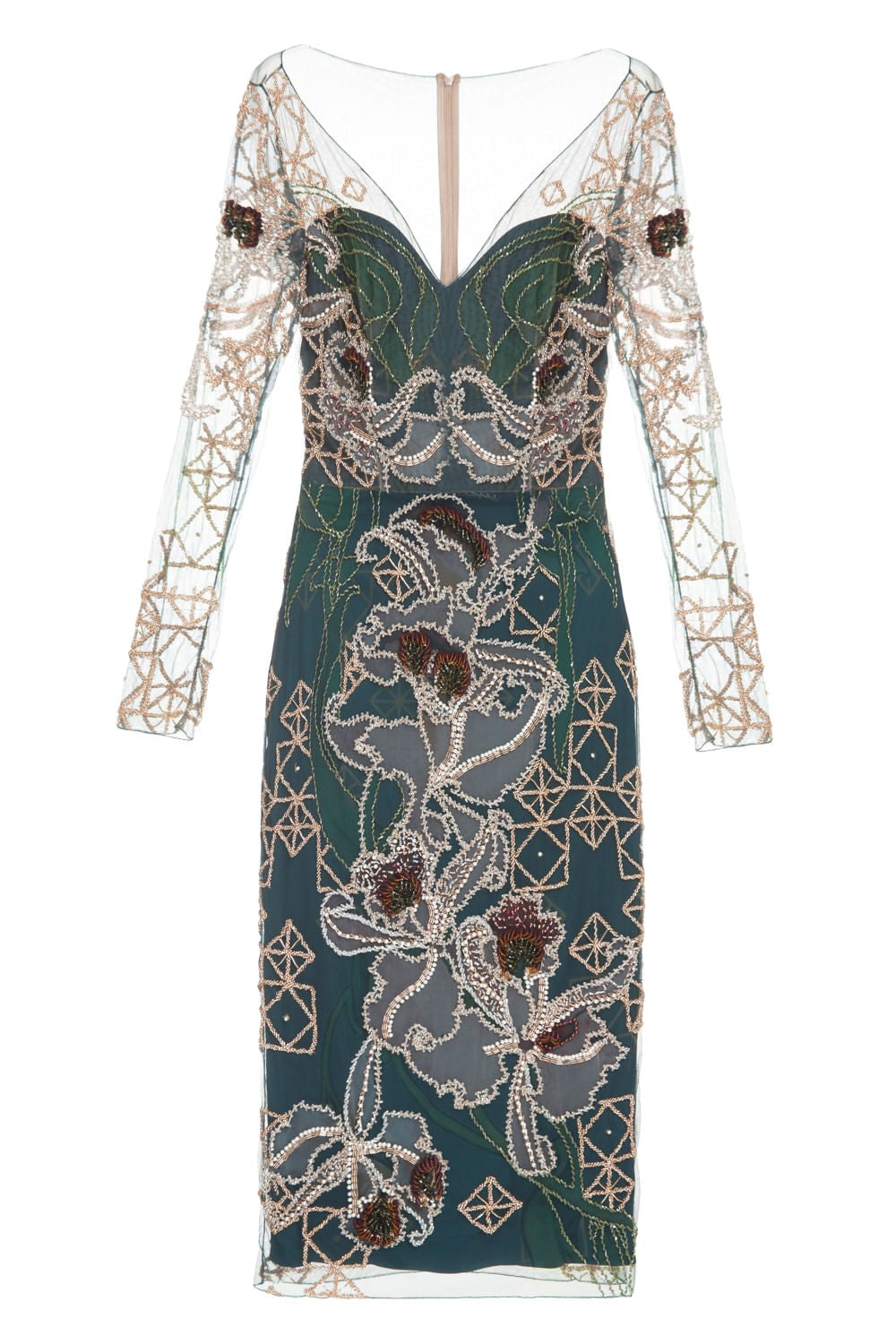 VESTIDO BORDADO ORQUIDEAS E GRÁFICOS VERDE ESCURO