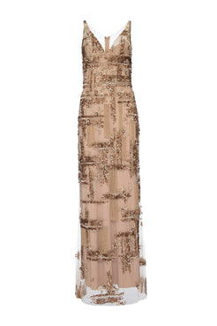 VESTIDO LONGO TULE BORDADO DOURADO