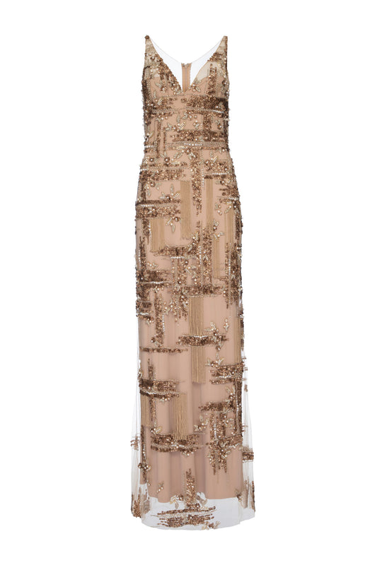 VESTIDO LONGO TULE BORDADO DOURADO