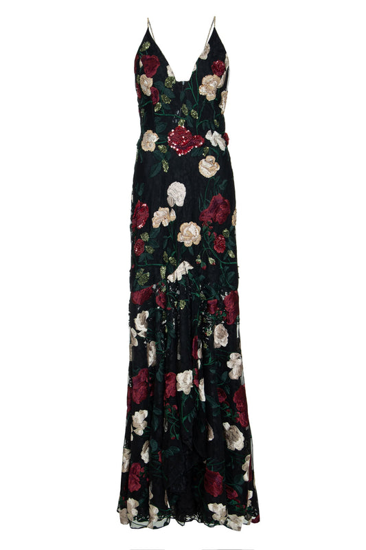 VESTIDO LONGO FLORAL  PRETO