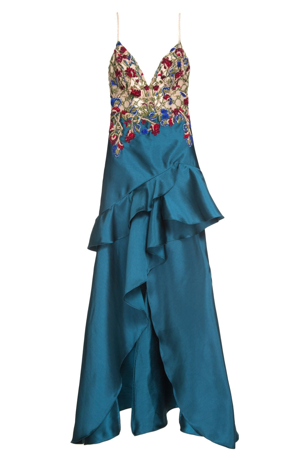 VESTIDO BORDADO FLORAL SAIA BABADO PETROLEO
