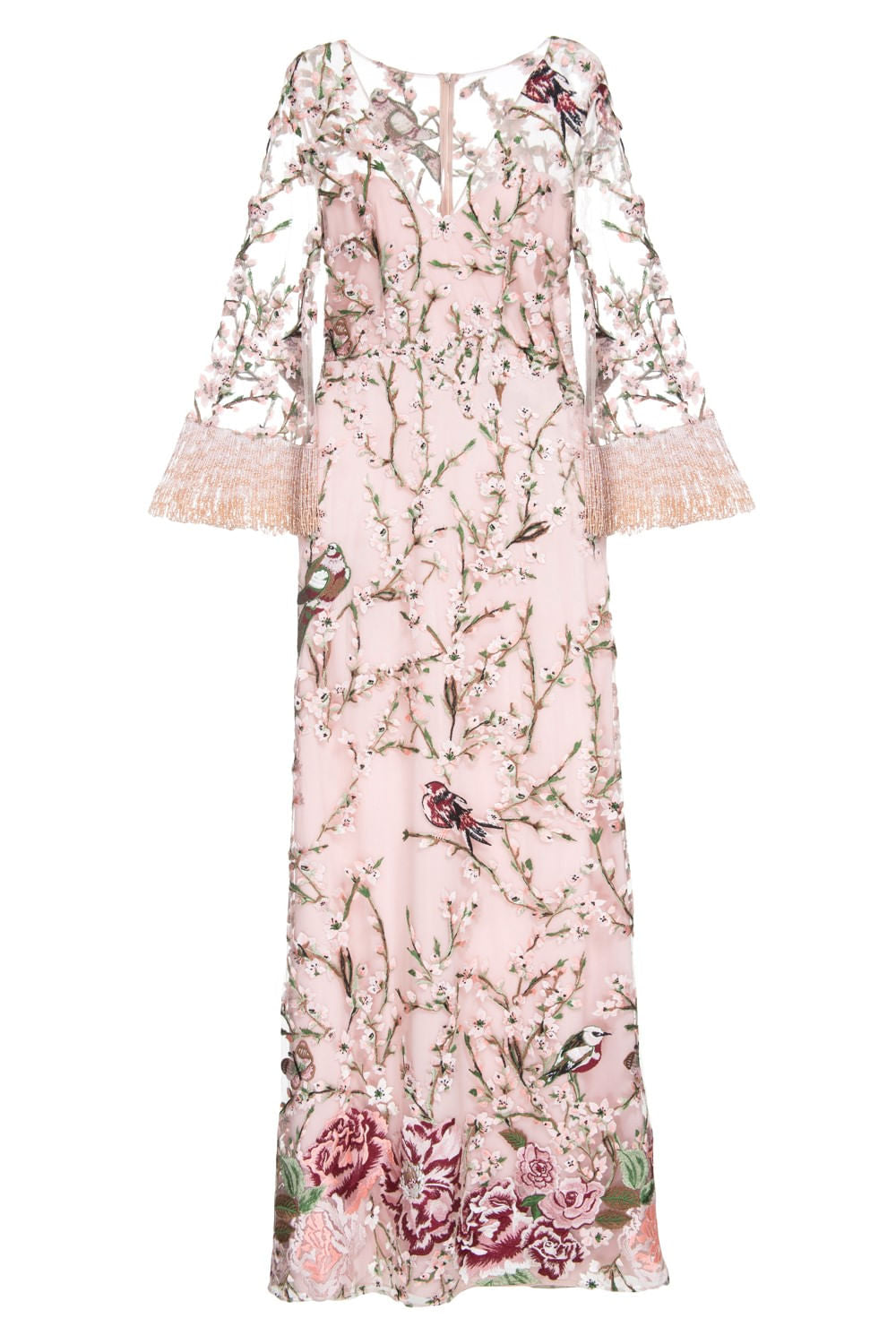 VESTIDO LONGO BORDADO MANGA FANJAS ROSA