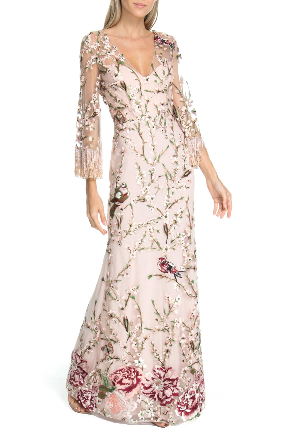 VESTIDO LONGO BORDADO MANGA FANJAS ROSA
