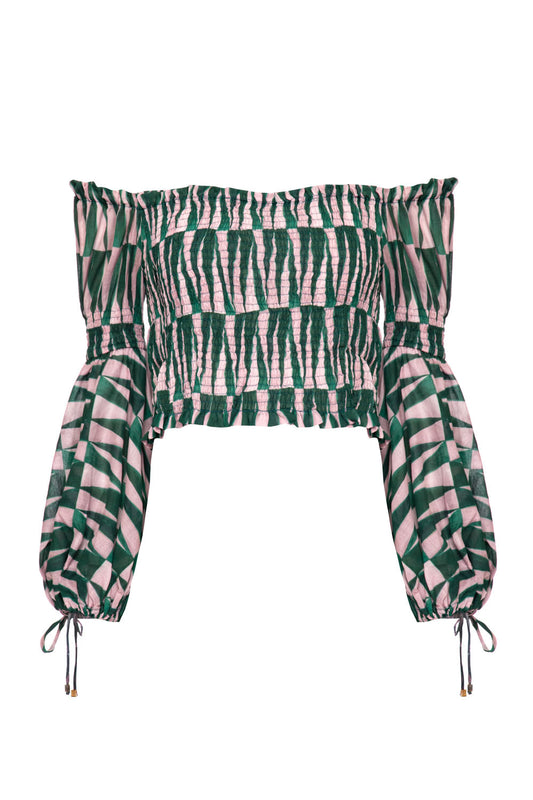 TOP LASTÉX AZULEJO GEOMÉTRICO VERDE E ROSA