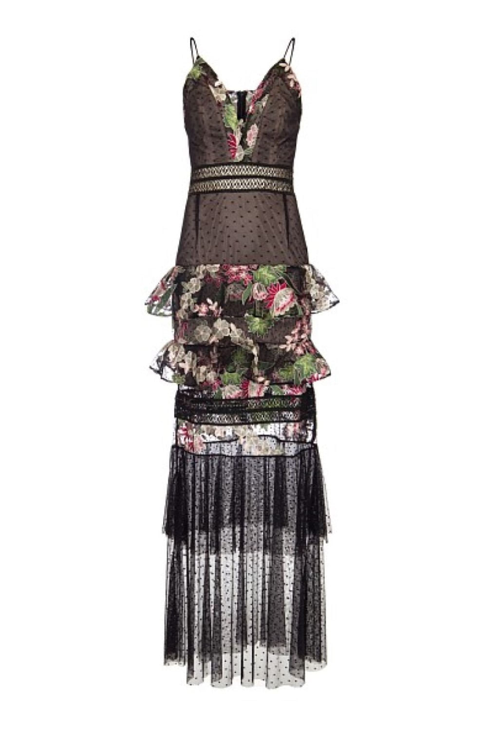 VESTIDO LONGO TULE BORDADO FLORAL PRETO