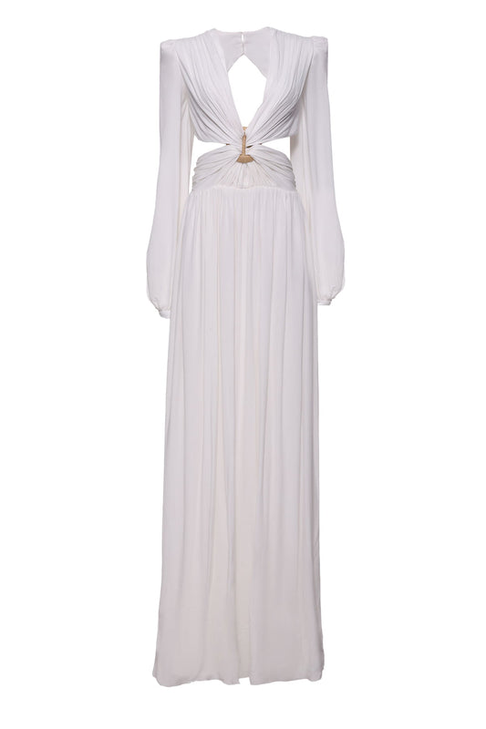 VESTIDO LONGO RECORTE ARGOLA PALHA OFF WHITE