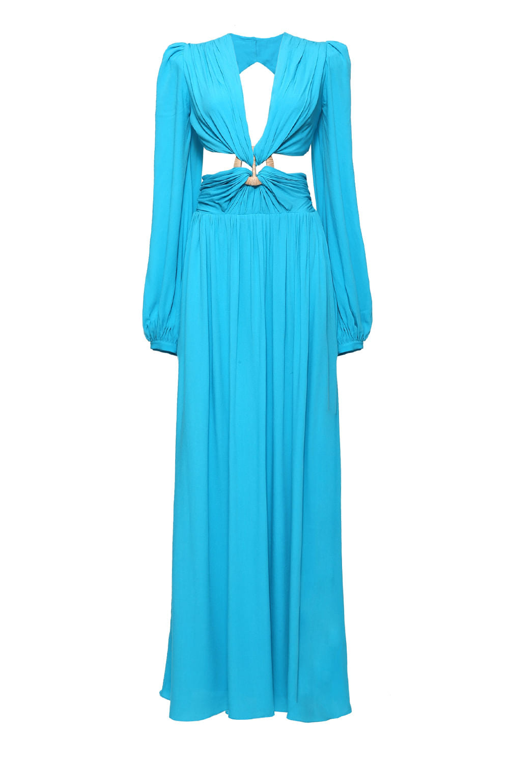 VESTIDO LONGO RECORTE ARGOLA PALHA AZUL