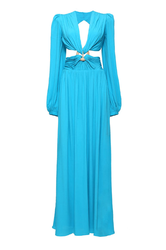 VESTIDO LONGO RECORTE ARGOLA PALHA AZUL