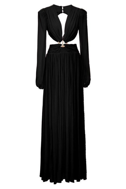 VESTIDO LONGO RECORTE ARGOLA PALHA PRETO