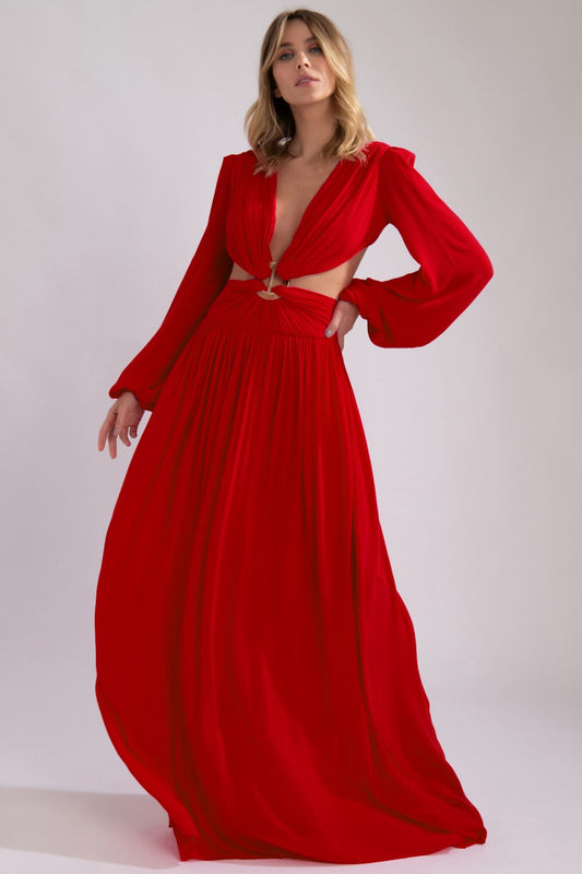 VESTIDO LONGO RECORTE ARGOLA PALHA VERMELHO