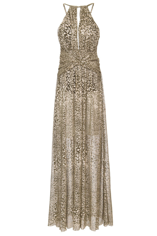 VESTIDO LONGO LUREX DRAPEADO ONÇA DOURADO