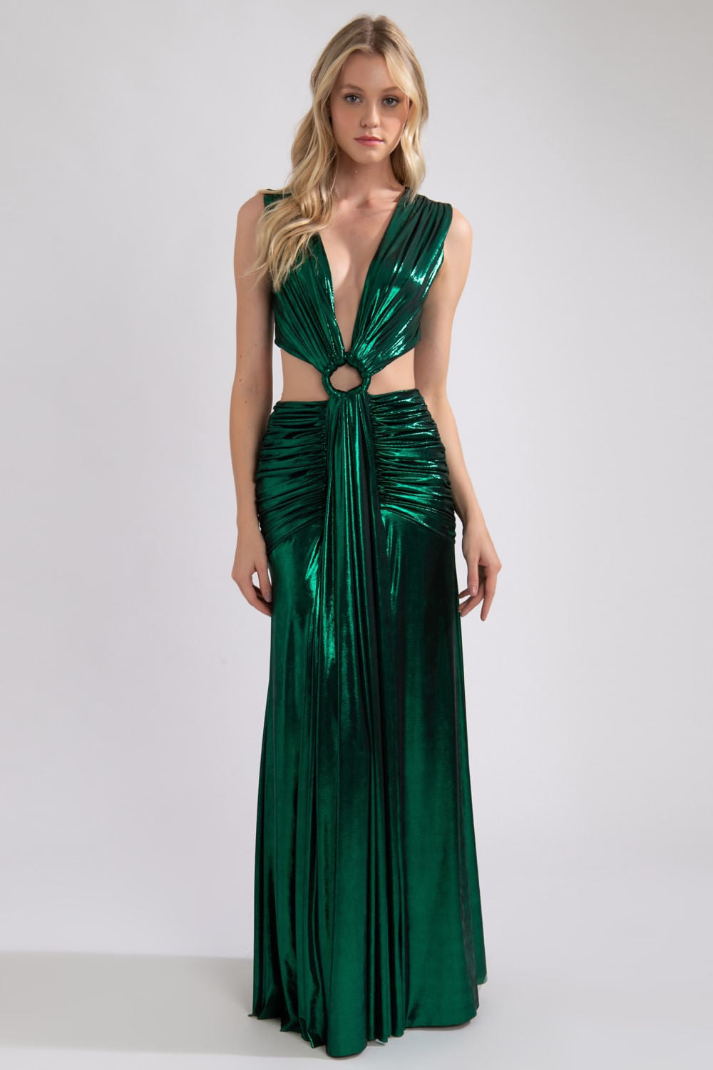 VESTIDO LONGO LAMÊ DRAPEADO VERDE