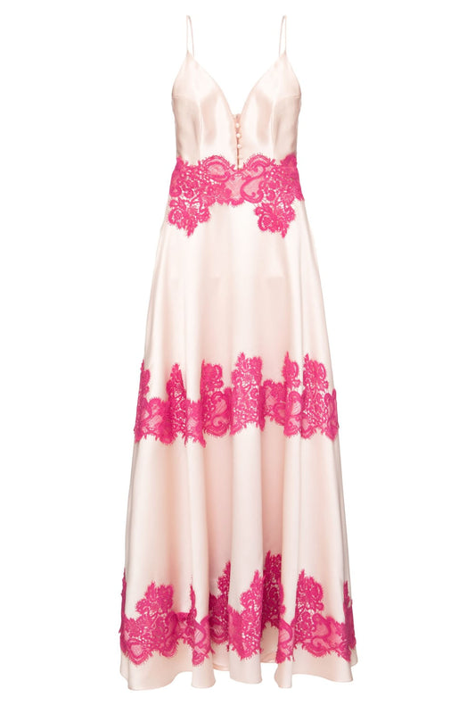 VESTIDO LONGO RECORTES RENDA ROSA