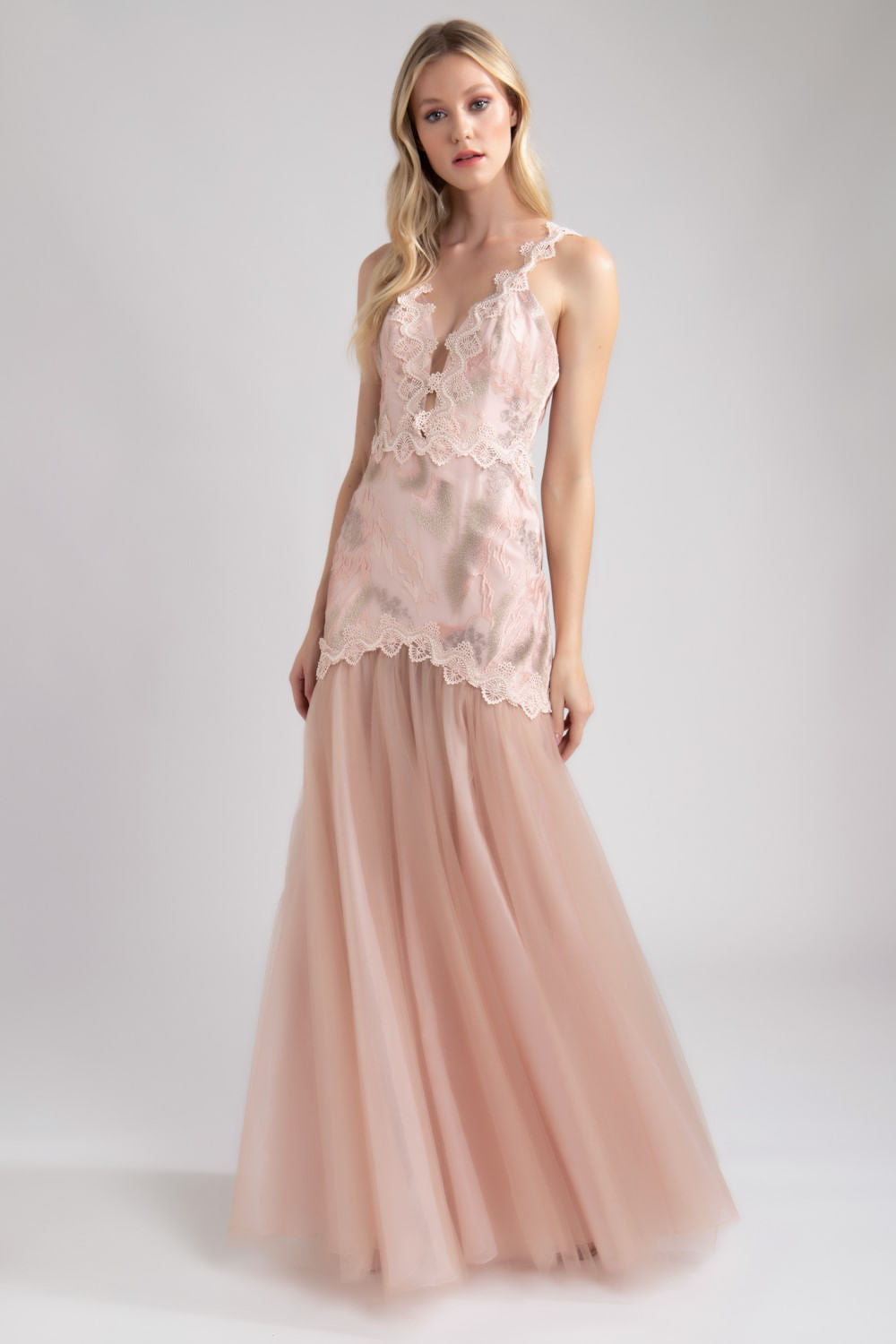 VESTIDO RENDADO LONGO  ROSA