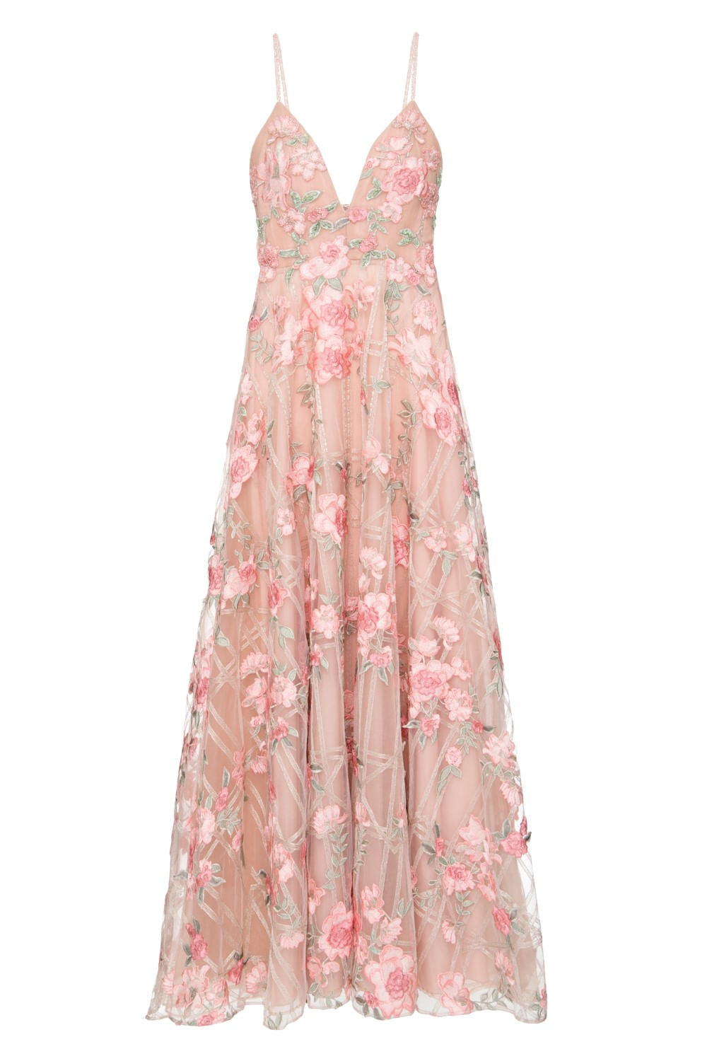 VESTIDO LONGO BORDADO XADREZ FLORAL  ROSA